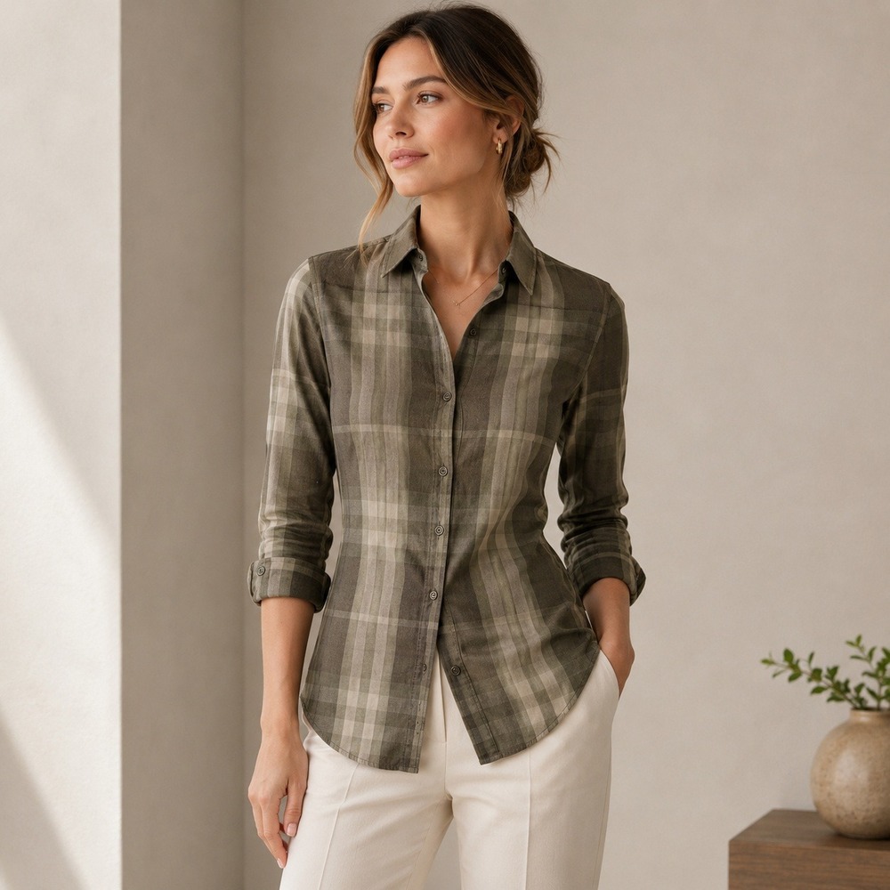 Burberry Brit Women's XS Olive Khaki Exploded Check Plaid Cotton Button Down
